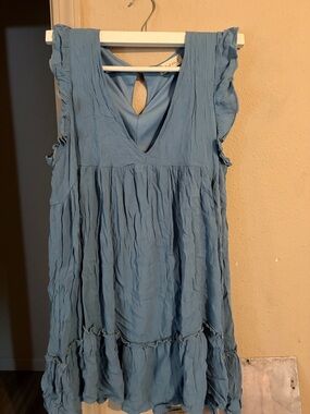 Altar'd State Dusty Blue Crinkled V-Neck Tiered Dress
